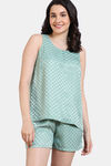 Zivame Checkered Sheen Woven Shorts Set - Granite Green — thumbnail 2